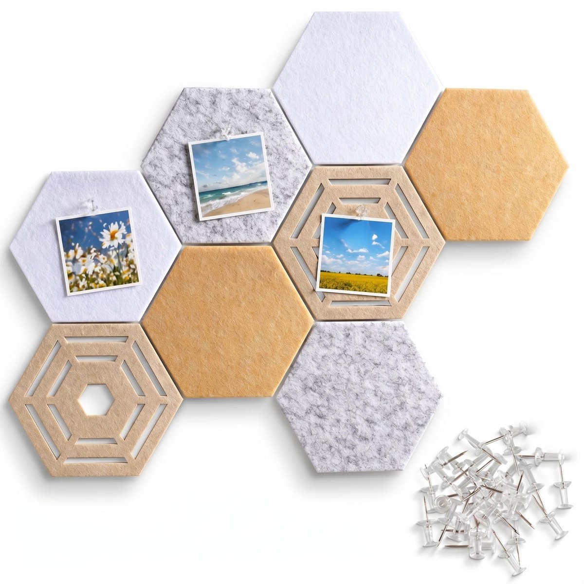 Dailygoods - Set van 8 Hexagon Vilten Prikborden - Zelfklevend voor Muurdecoratie