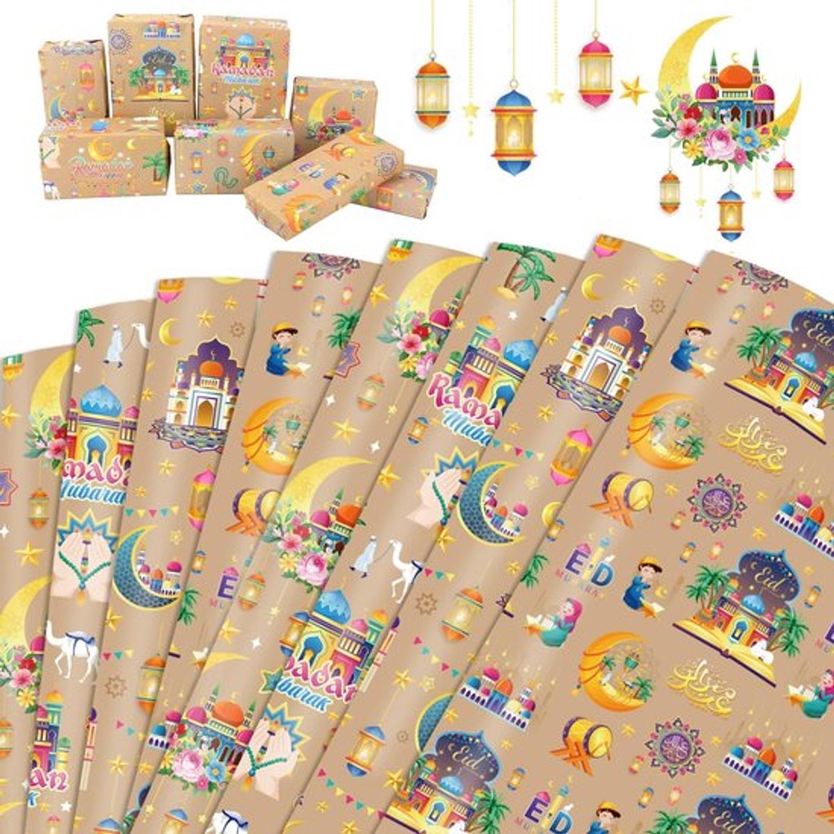 - Eid Mubarak Inpakpapier - Ramadan Decoraties - Hoogwaardige kwaliteit - Kraftpapier voor Geschenken - Maan en Ster - Perfect voor cadeauv...
