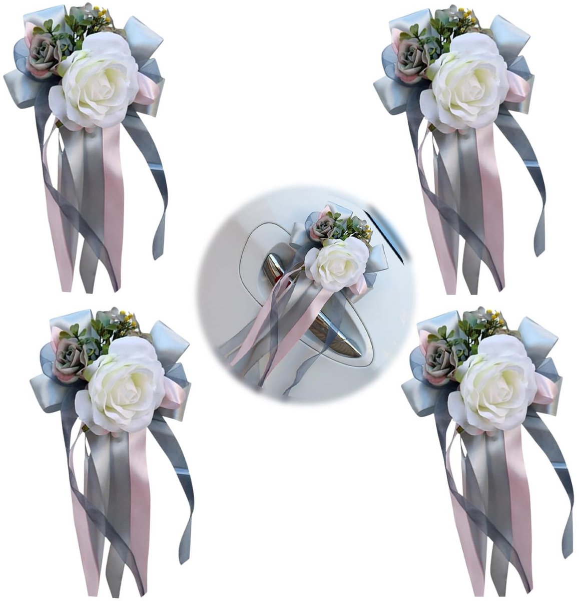 Dailygoods- Autodecoraties 4 Stuks - Bruiloft Decoraties - Auto Lint - Grote Trekstrikken - Kunstbloemen - Duurzaam en Romantisch - Trouwdecoraties