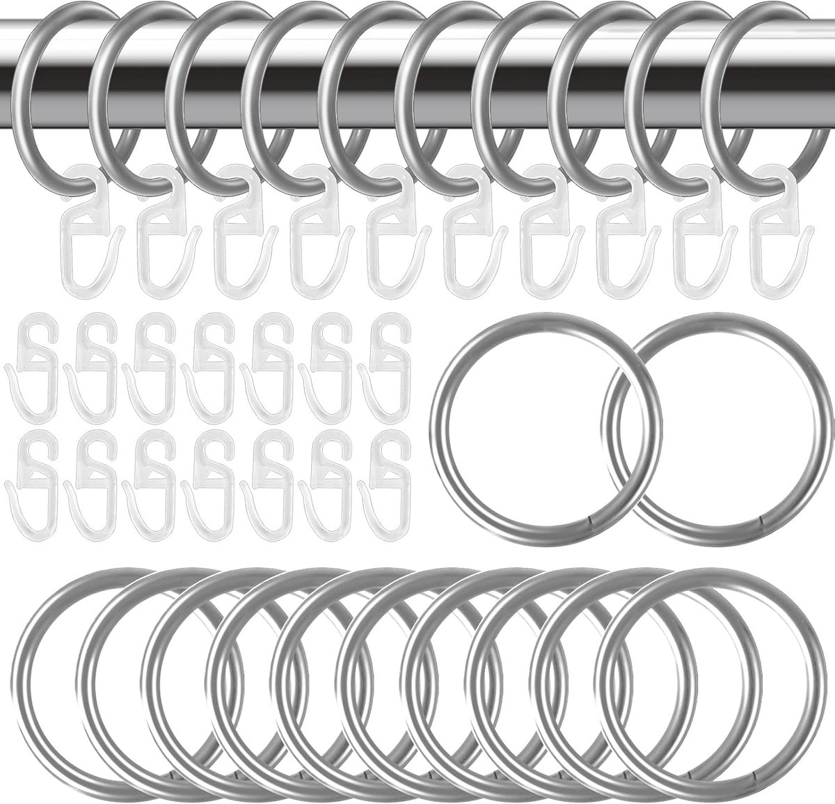 Dailygoods - 40 Stuks Gordijnringen 30mm met 80 Plastic Haakjes