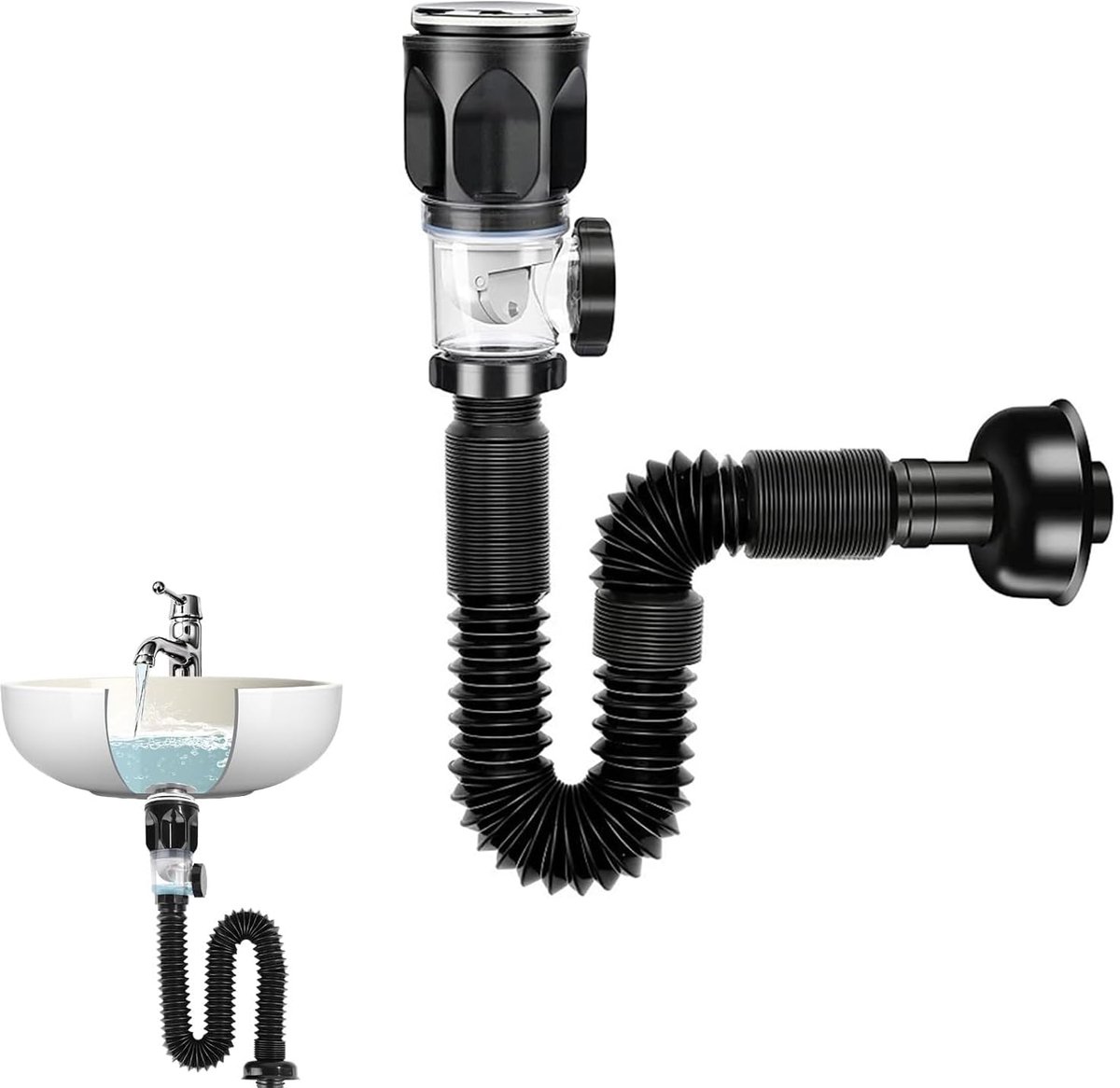 Dailygoods - Wastafelafvoergarnituur met Overloop - Flexibele Sifon in Zwart