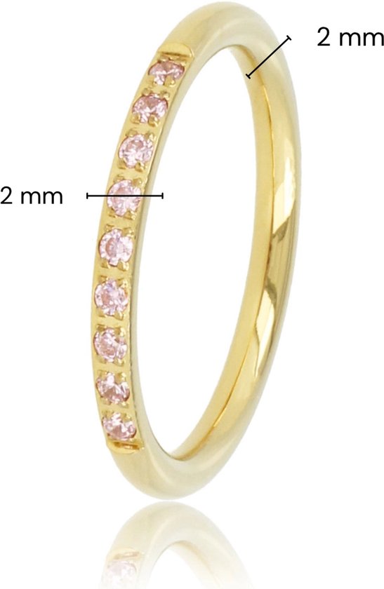 Gouden ring met tien roze zirkonia steentjes, met afmetingen 2 mm.
