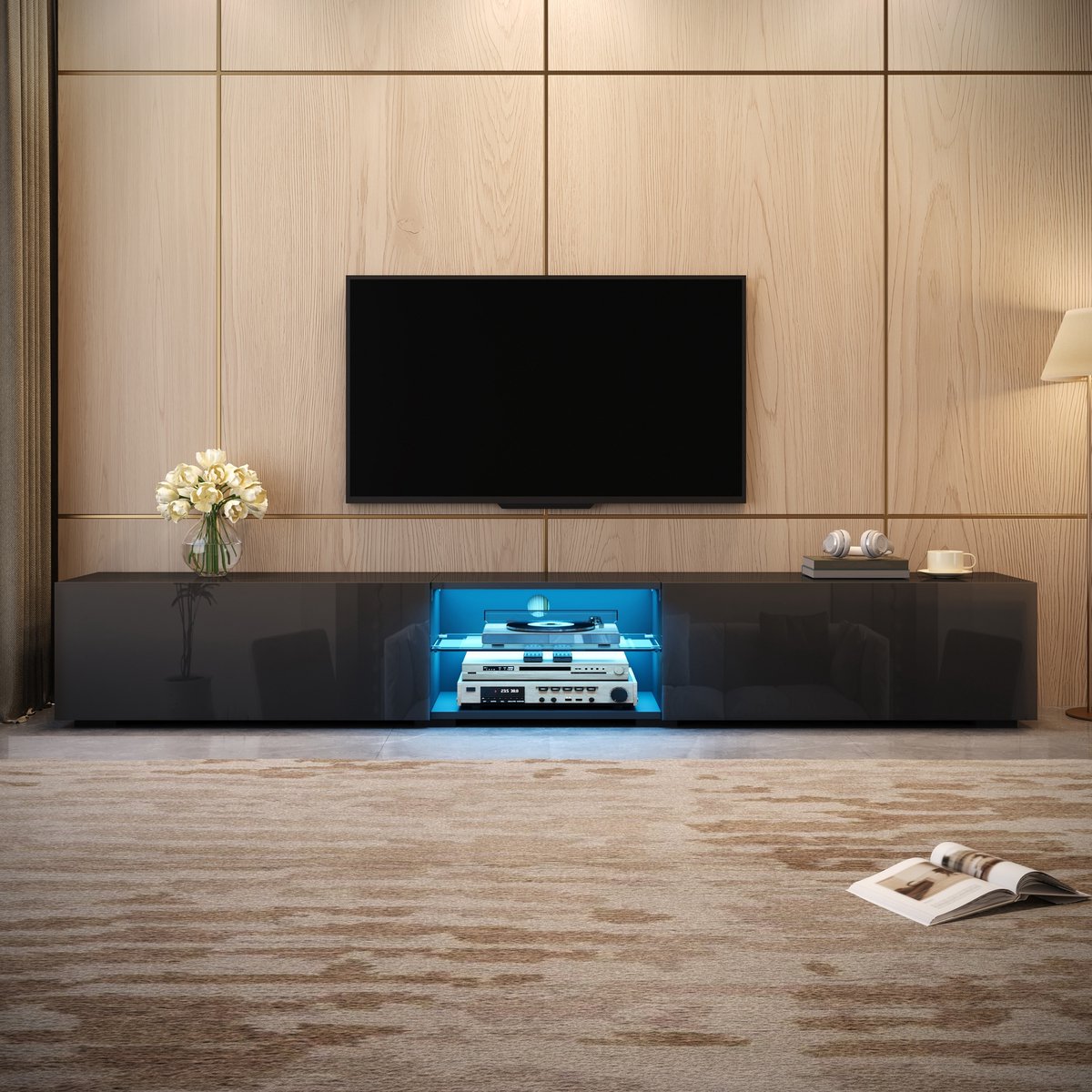 VVBV TV-Meubel 200 cm - Zwart Hoogglans Lowboard met App-LED, Glazen Legplank, Kabeldoorvoer, MDF, Spaanplaat, Kabelbeheer