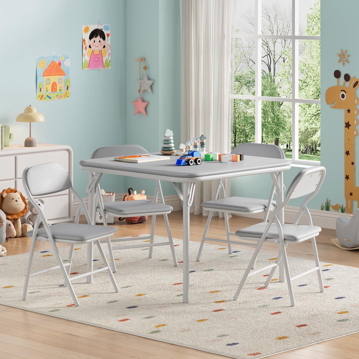 Triumpunpre 5-delige Opvouwbare Kindertafel en Stoelen Set – Speeltafel met 4 Stoeltjes – Vierkante Tafel met Brede Rugleuning – Kindermeubels voor Jongens en Meisjes – Geschikt voor Thuis, Dagopvang en Klaslokaal – Grijs