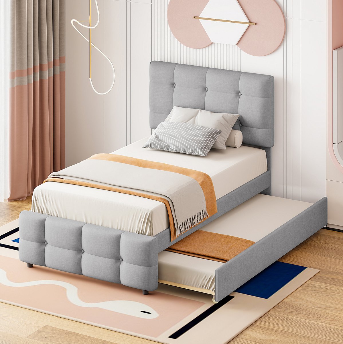 COVREO Polsterbed 90 x 200 cm - grijs, uittrekbaar bed, verstelbaar hoofdeind, voor kinderen
