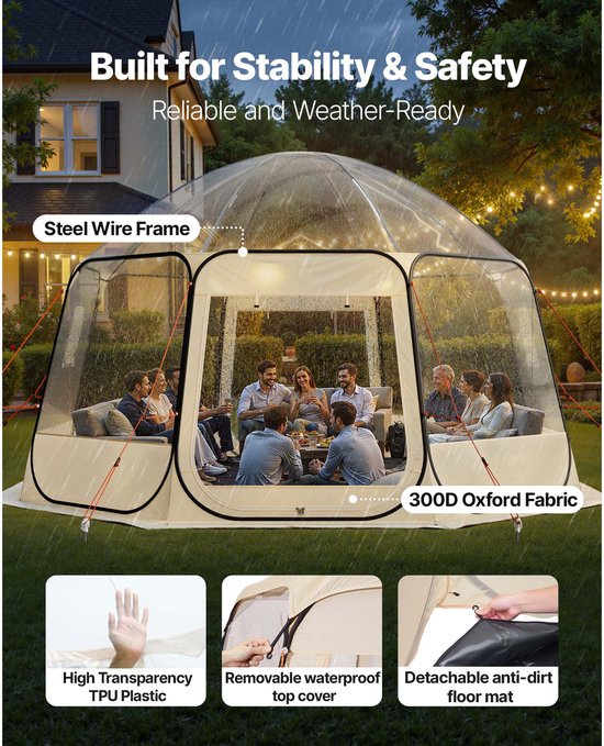Opvouwbare Transparante Bubbel Tent, 458 X 432 X 230 Cm, Ruime Camping- en Tuintent met Ramen, 540° Panoramisch Uitzicht, Geschikt voor 12-15 Personen, Ideaal voor Terras en Achtertuin — afbeelding 4