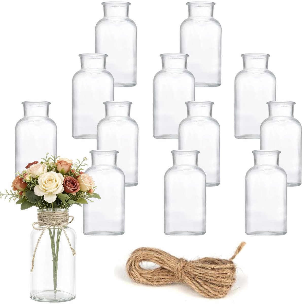 SnelShoppen - 12 Mini Glazen Vazen 125ml met Jutetouw, Vintage Tafeldecoratie voor Bloemstukken, 3.3cm Opening, 10.3cm Hoog voor Bruiloft, Feest en Hu