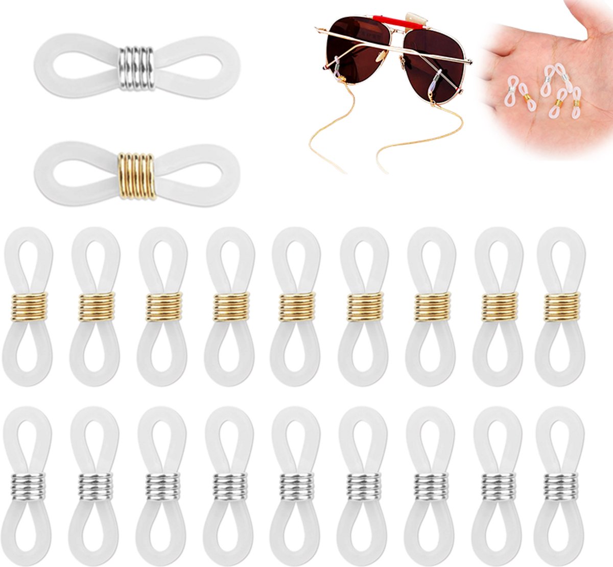 20 stuks - Brilkoord Bevestiging - Brilketting Connector - Siliconen Brilhaakjes - Anti-slip Brilbevestiging - 2 cm - Wit/Zilver - Accessoire voor Zonnebril en Leesbril