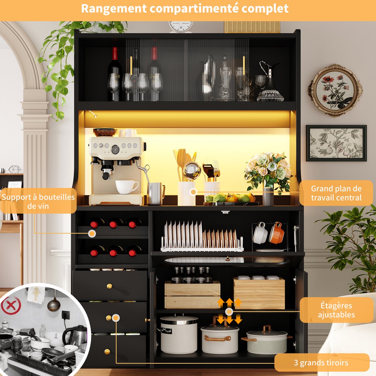Keukenkast Hoge Kast 120 Cm Met Rgb Led Verlichting En App Bediening Glazen Schuifdeuren Opklapdeuren En 3 Lades Zwart