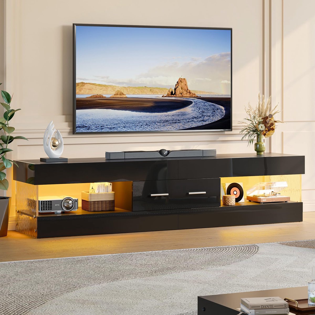 SnelShoppen - Tv-standaard voor tv's tot 80 inch, hoogglanzend zwart, modern met steenlook zijwanden, LED verlichting en grote lade voor woonkamer, sl