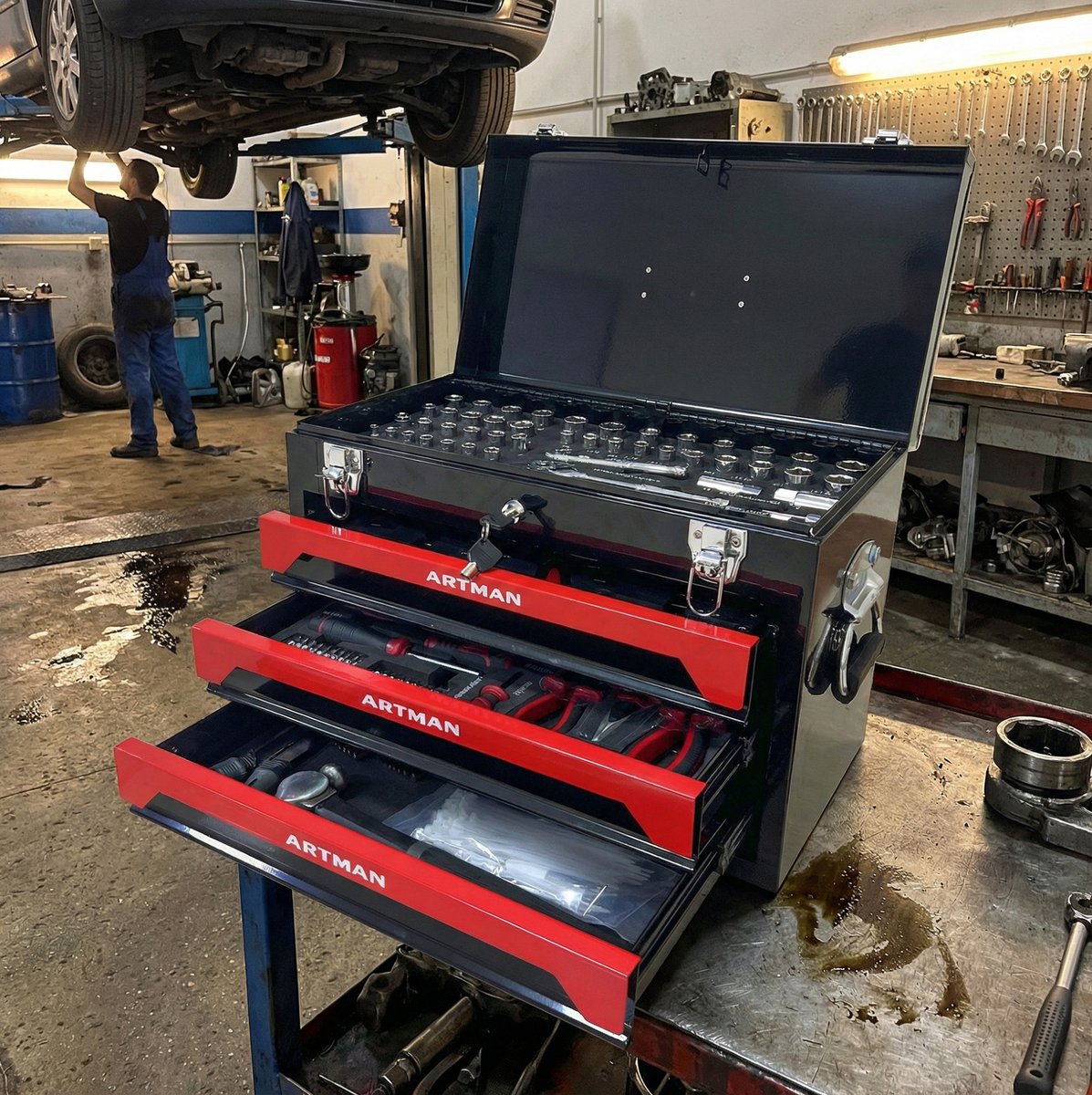 MIVRAY Gereedschapskoffer 20 Inch Met 3 Lades En Bovenklep Metaal Zwart Rood Voor Garage Werkplaats En Werkbank