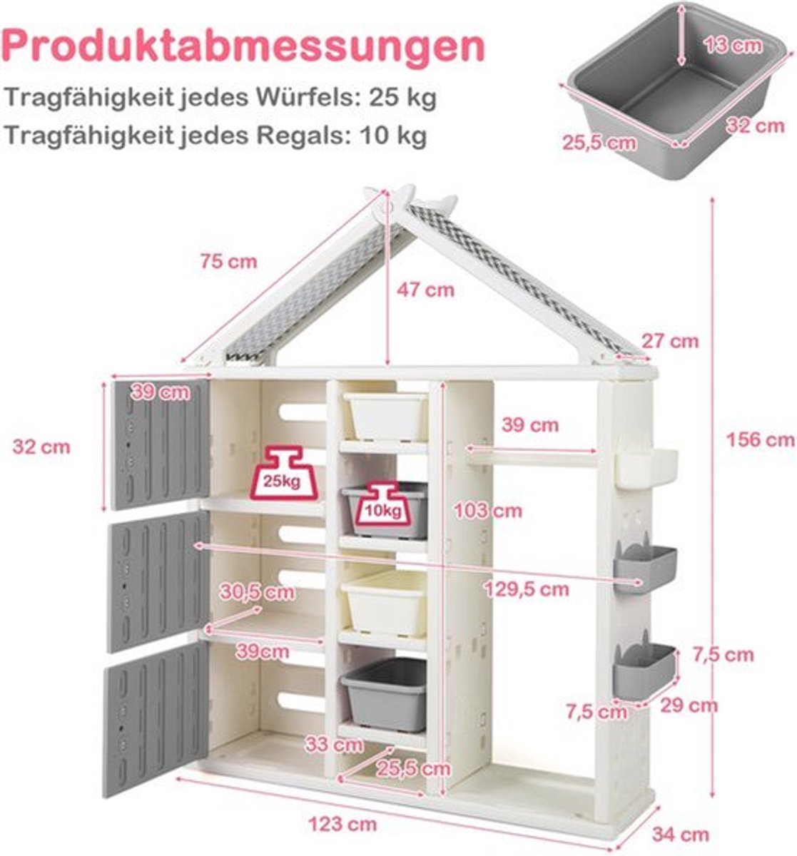 Kinderkast – Opbergkast – Speelgoedkast – Kleerkast – Kindermeubel – Huisstijl – Kledingrek – HDPE Kunststof – 130x34x156,5 cm