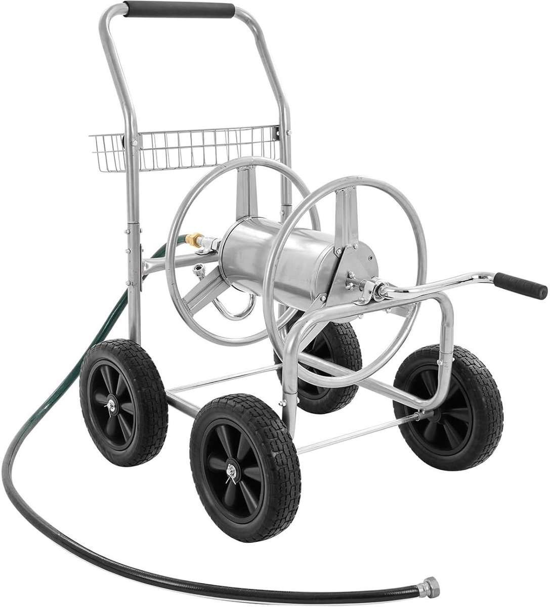 Slanghaspelwagen - Mobiele Trolley - Tuin Water Geven - Zwaar Stalen Frame - 90m Slang Capaciteit - Zilver