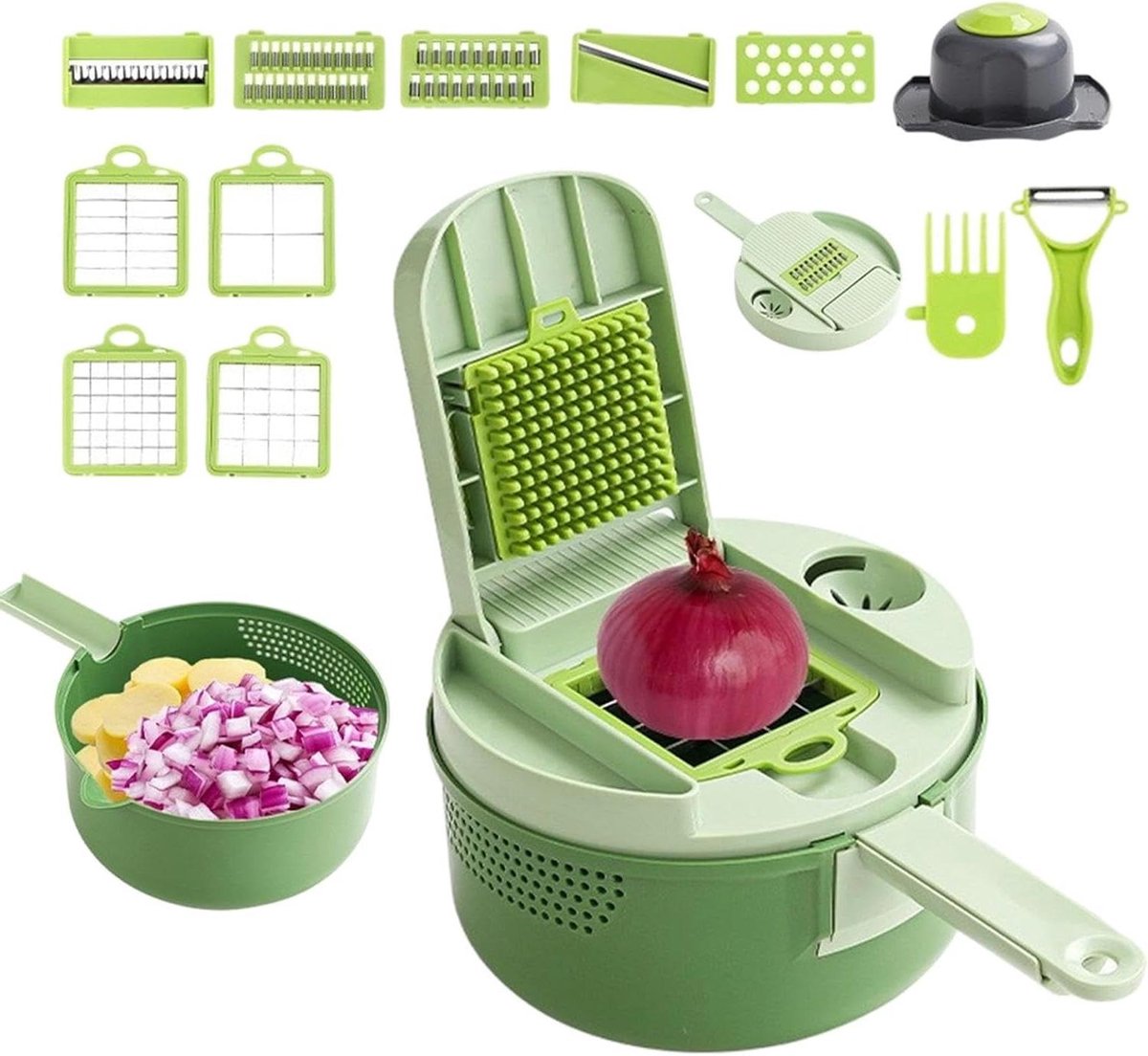 Keuken Snijder - Groente Hakker - Maaltijd Voorbereiden - 16-In-1 Multifunctioneel - 20x20x13 cm - Grijs