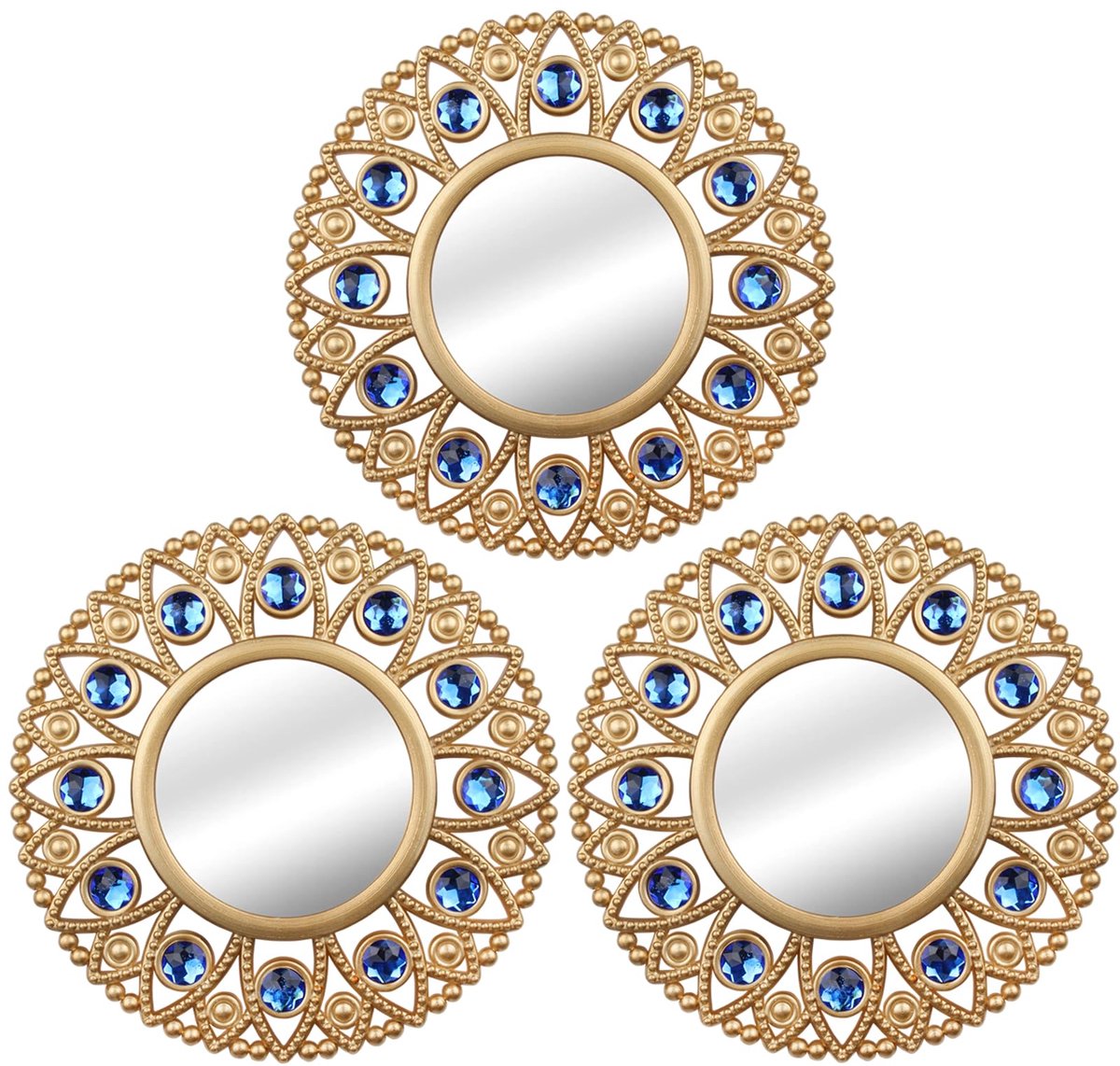 SnelShoppen - Set van 3 Gouden Ronde Wandspiegels met Blauwe Kristallen Accenten, 9,8 Inch Vintage Boho Wanddecoratie voor Woonkamer, Slaapkamer, Entr