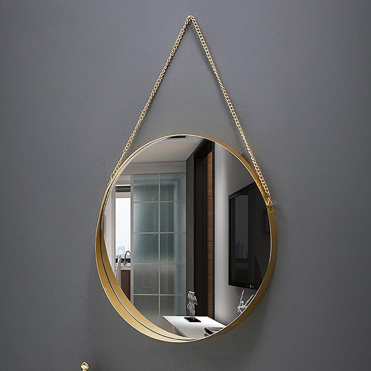 SnelShoppen - Gouden Wandspiegel met Ketting - Decoratieve Muurspiegel voor Badkamer, Slaapkamer en Hotels - Duurzaam en Stijlvol Design (3L)