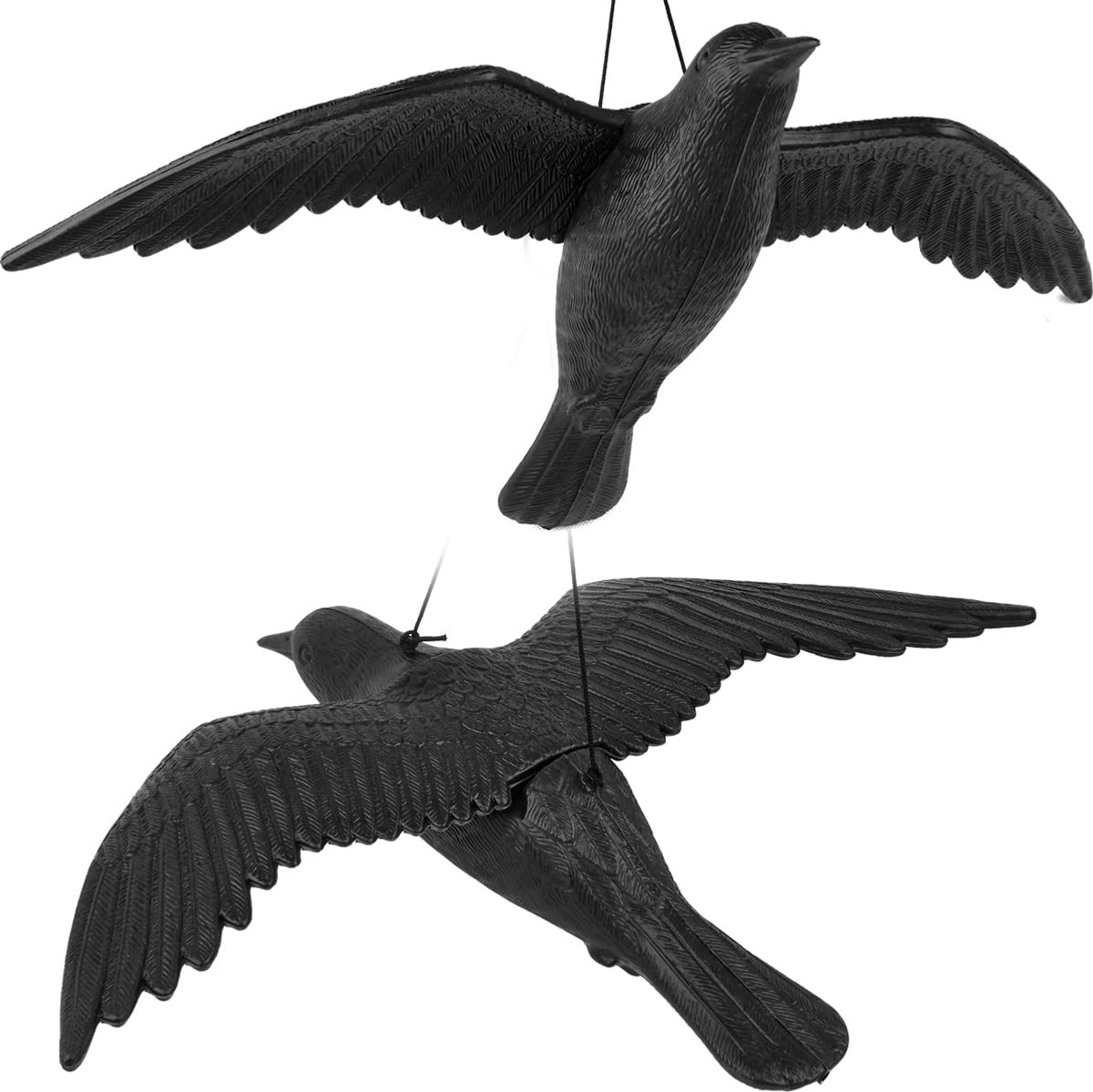 SnelShoppen - 2 Zwarte Raven Dummy's - Duivenverschrikker voor Balkon en Tuin - Plastic Vogelverschrikker - Kraaienverjager - Vliegende Kraai voor Eff