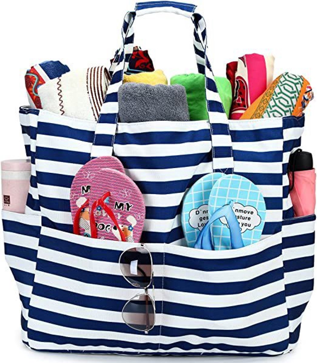 Extra grote strandtas voor dames, extra grote opvouwbare strandtas van mesh met ritssluiting en groot vak, geschikt voor strand, reizen, de sportschool en het zwembad,Blauwe en witte strepen