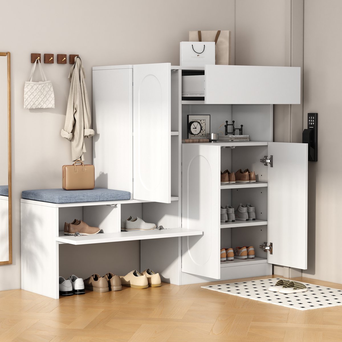 Schoenenkast - 2-in-1 met zitbank, soft-close klepdeuren, verstelbare planken & gewelfde deuren - 130x110x35 cm - Wit