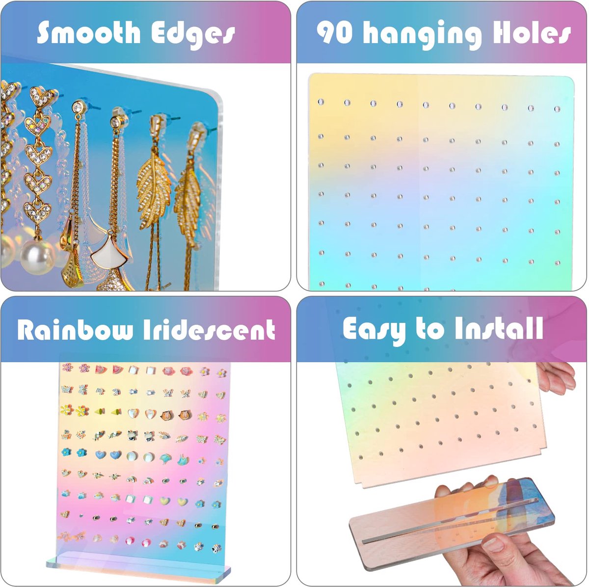 SnelShoppen - NiHome Iriserende Oorbellenhouder Set van 3 - 90 Gaten Regenboog Acryl Sieradenrek - Duurzame Oorbelstandaard voor Meisjes en Vrouwen -