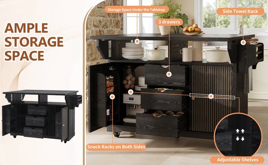 OKWISH Buitenkeuken Keukenwagen - Uitklapbare Zijtafels - 3 Lades En Opbergruimte - Verrijdbaar Met Rem - MDF En Metaal Zwart - 142,5×80×95 cm van okwish — afbeelding 3