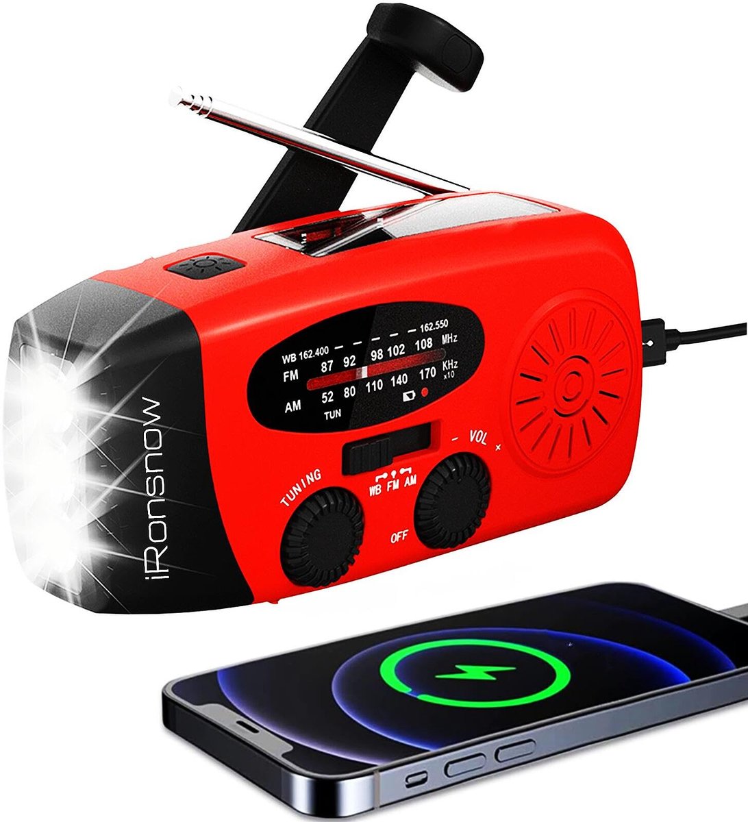 SnelShoppen - Solar Emergency Hand Crank Weer Radio, Draagbare NOAA AM/FM Radio met SOS Alarm, LED Zaklamp, 2000mAh Powerbank voor Camping, Rood