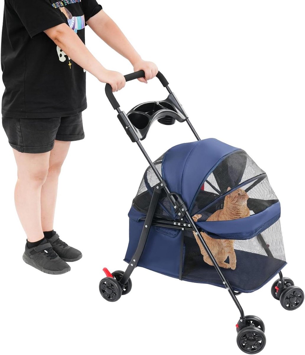 Hondenbuggy - Dierenwagen Kattenbuggy - Reizen met huisdier - Opvouwbaar met parkeerrem - 69 x 49 x 97 cm - Donkerblauw