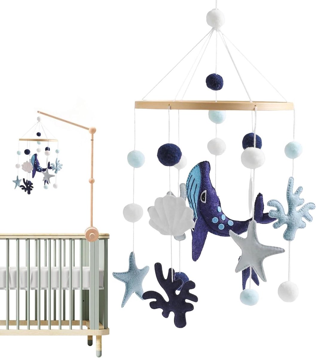 Wiegmobiel Zee Thema - Baby Mobiel - Babykamer Decoratie - Houten Ring - 46 x 19.7 cm - Blauw