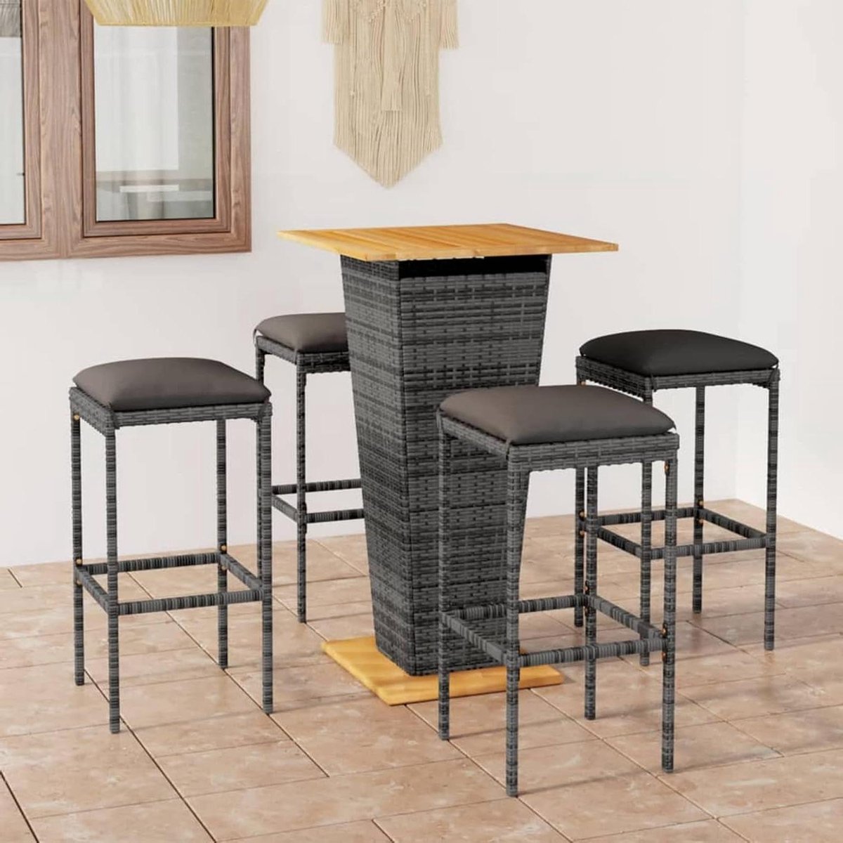 Tuin Bar Set - Buitenmeubels Hoge Stoelen - Buiten Ontspannen - Massief Hout Tafelblad - Set van 5 - Grijs