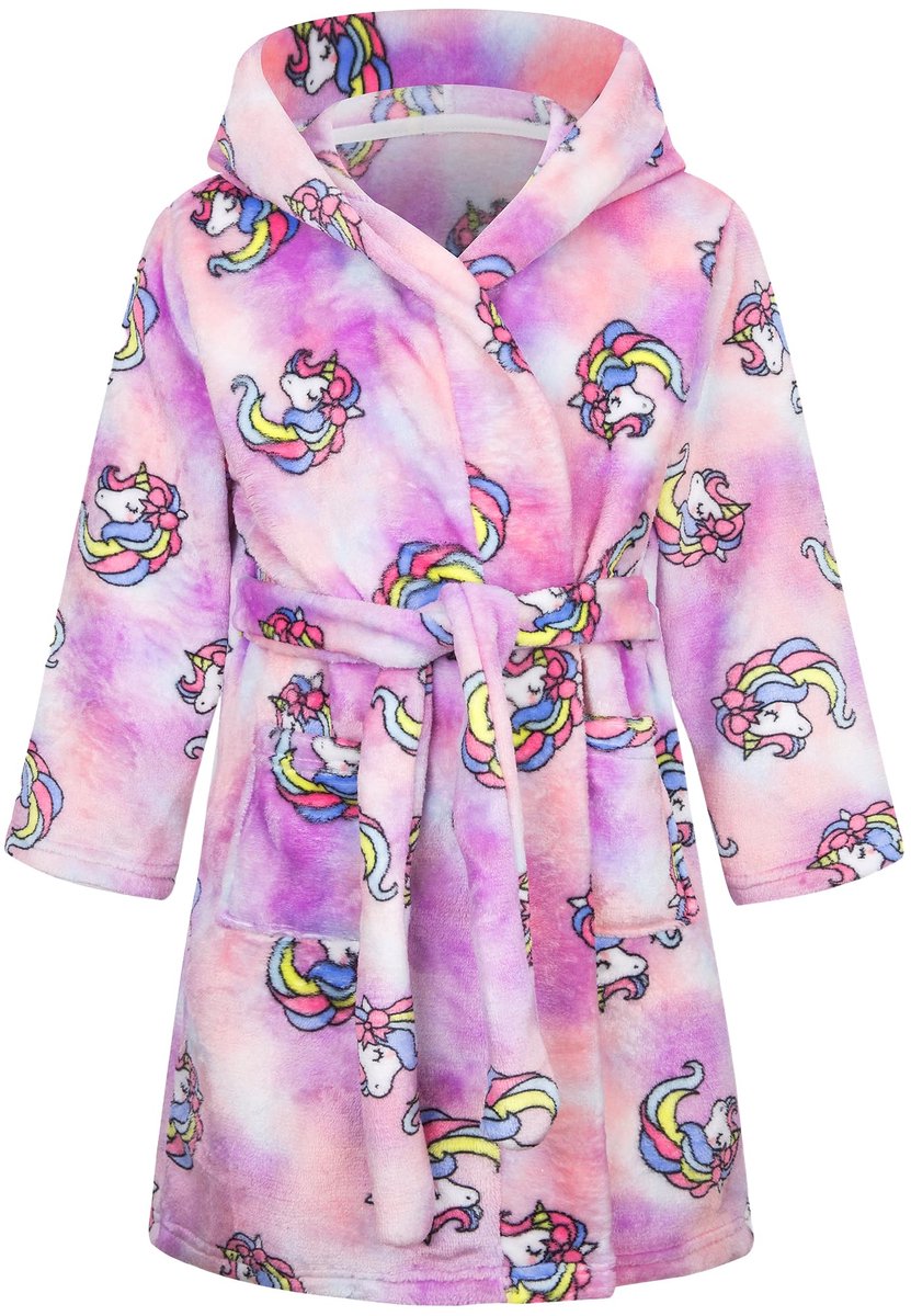 SnelShoppen - Fleece Badjas Kinderen Meisjes met Kap, Molton Fluffy Lange Badjas in Violet met Eenhoorn Motief, Warme Kinderkamerjas voor 2-3 Jaar, Co