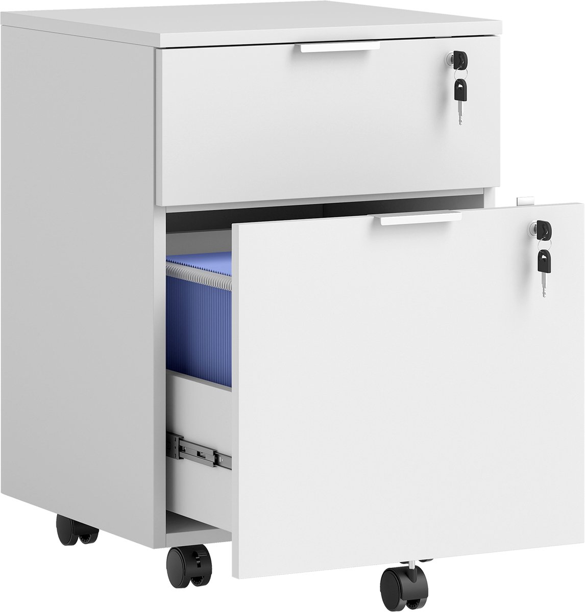 TEKROA®Verrijdbaar Ladeblok voor Bureau - Afsluitbare Archiefkast met 2 Lades - Hangmappenkast - Wit- 42x40x60 cm