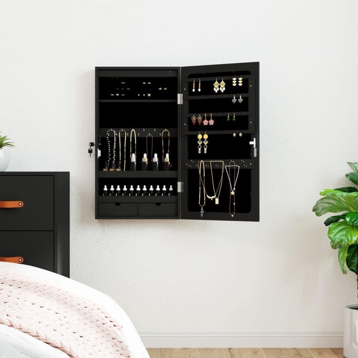 Sieradenkast met spiegel - Make-up organizer - Sieraden opbergen - Met LED-verlichting - 775 x 44 x 165 cm - Zwart
