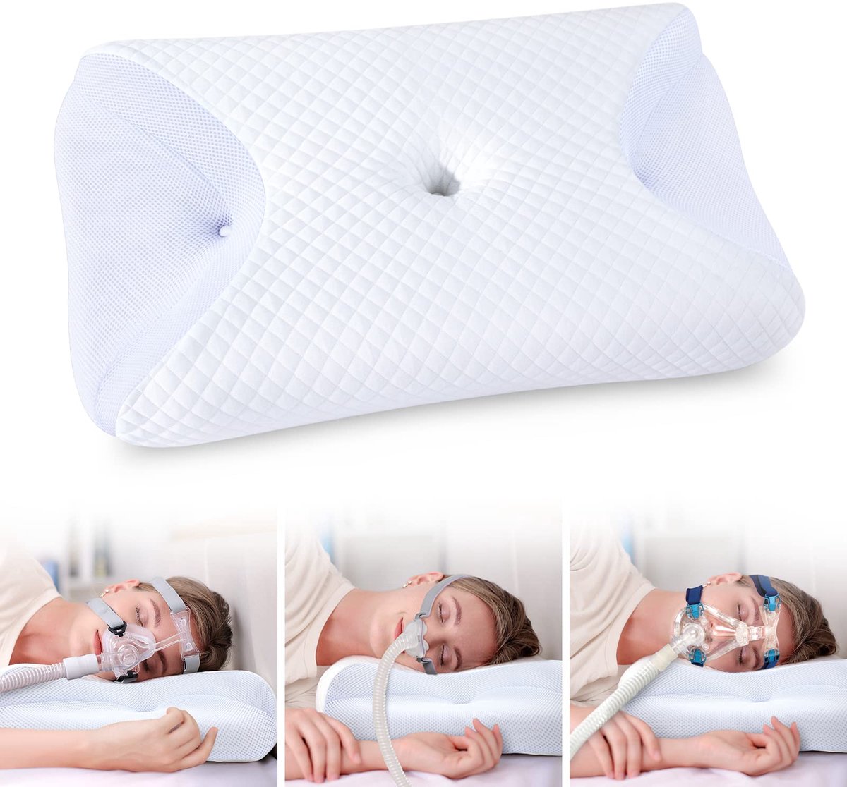 SnelShoppen - Hoofdkussen CPAP voor Zijslapers - Traagschuim Kussen met Drukverlagende Eigenschappen - 65x40x9/11cm - Wit voor Slaapapneu en Maskers