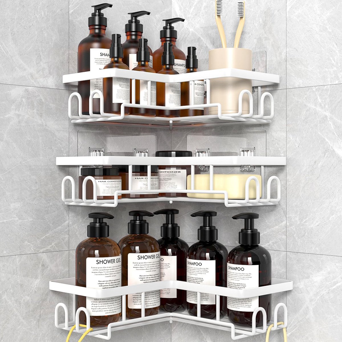 SnelShoppen - Diwoker Doucherek Zonder Boren, Doucheplank Badkamer Caddy Wit, Set van 3 Stuks, Ideaal voor Douche, Badkamer Organisatie, Wandmontage