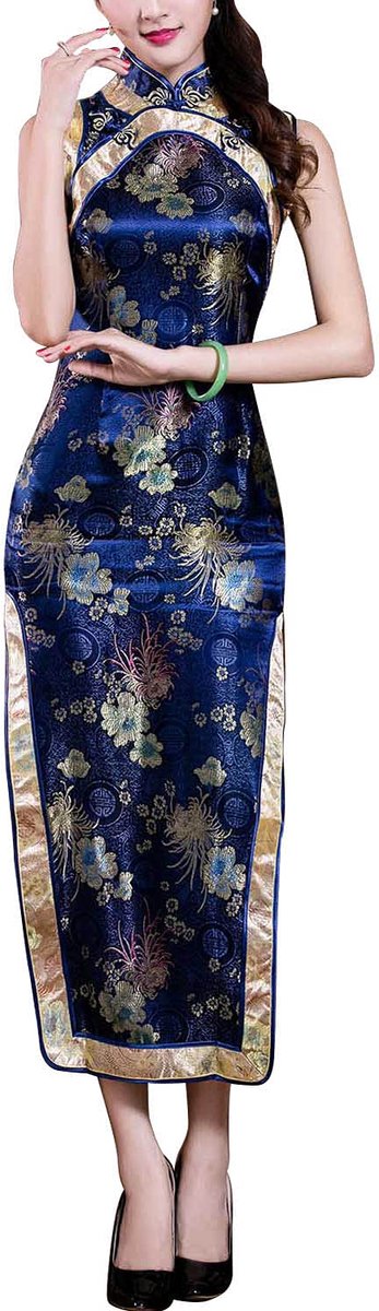 Dailygoods - Vintage Floral Cheongsam Kostuum met Lange Mouwen en Hoge Splits