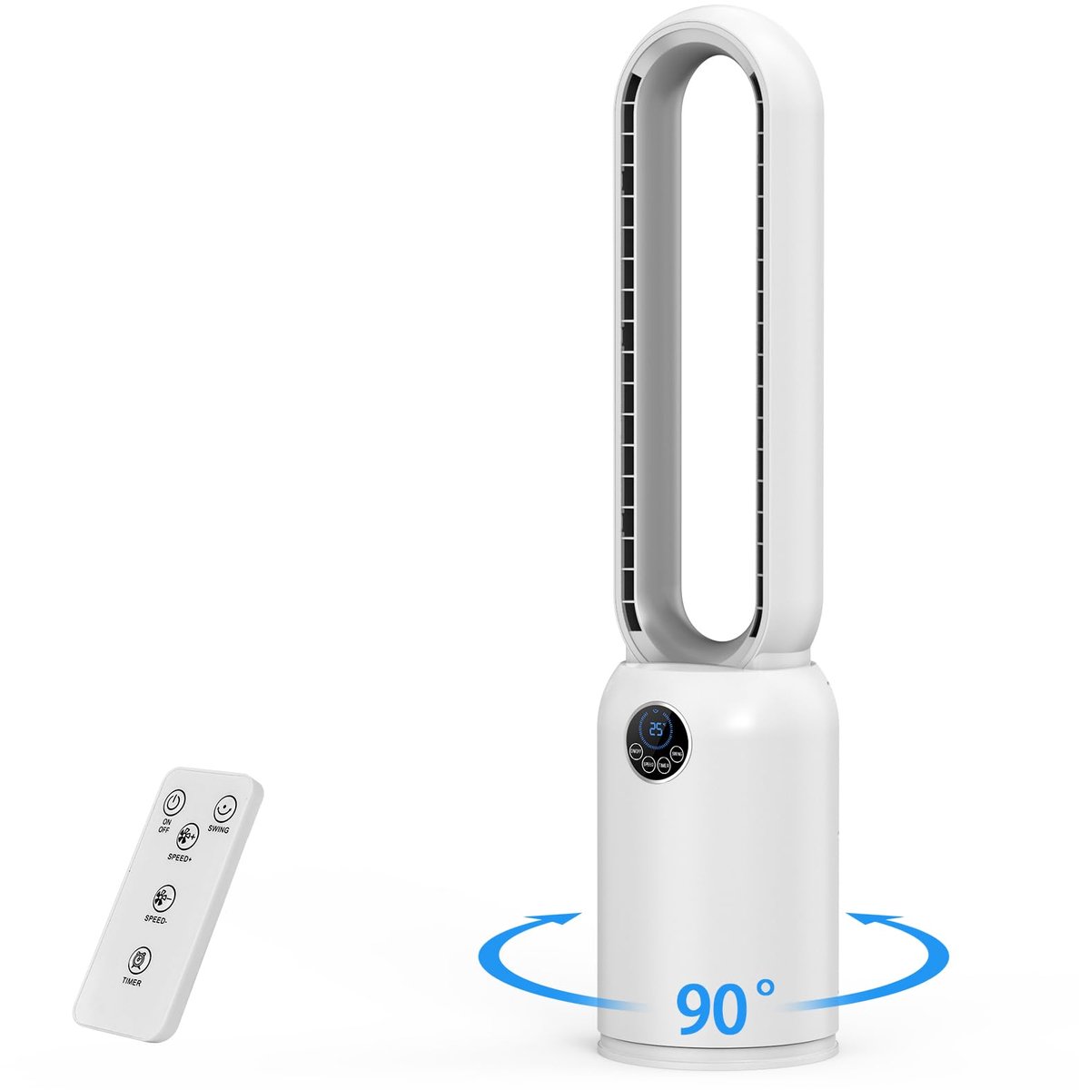 SnelShoppen - Torenventilator, stil met 24 standen, rotorloze ventilator met borstelloze motor, -90° oscillatie, LED-touchscreen, 12-uurs timer, staan