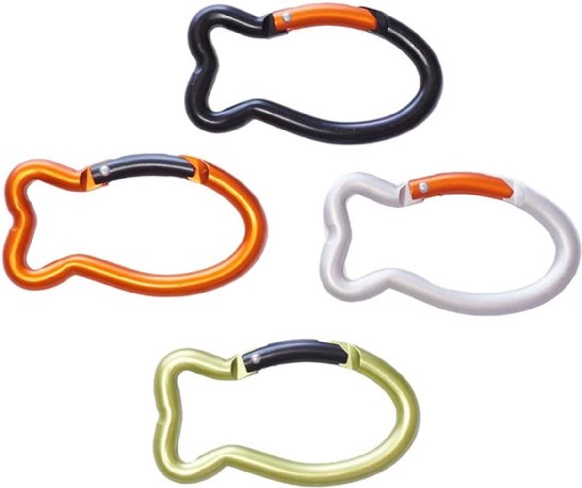 Visgraatsleutelhanger met karabijnhaak voor auto, rugzakhonden en reizen - Duurzaam aluminium - Snelle ontgrendeling - Veerbelasting - Kamperen en vissen - 4 kleuren