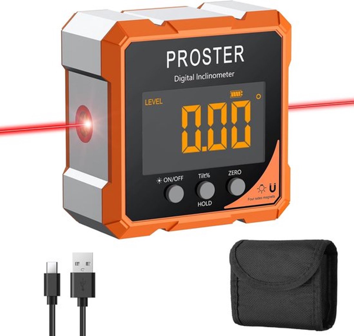 SnelShoppen - Digitale Hoekmeter met Laser en Magnetische Basis - Oplaadbare Vierzijdige Inclinometer met LCD Scherm - Waterdicht IP54 voor Houtbewerk