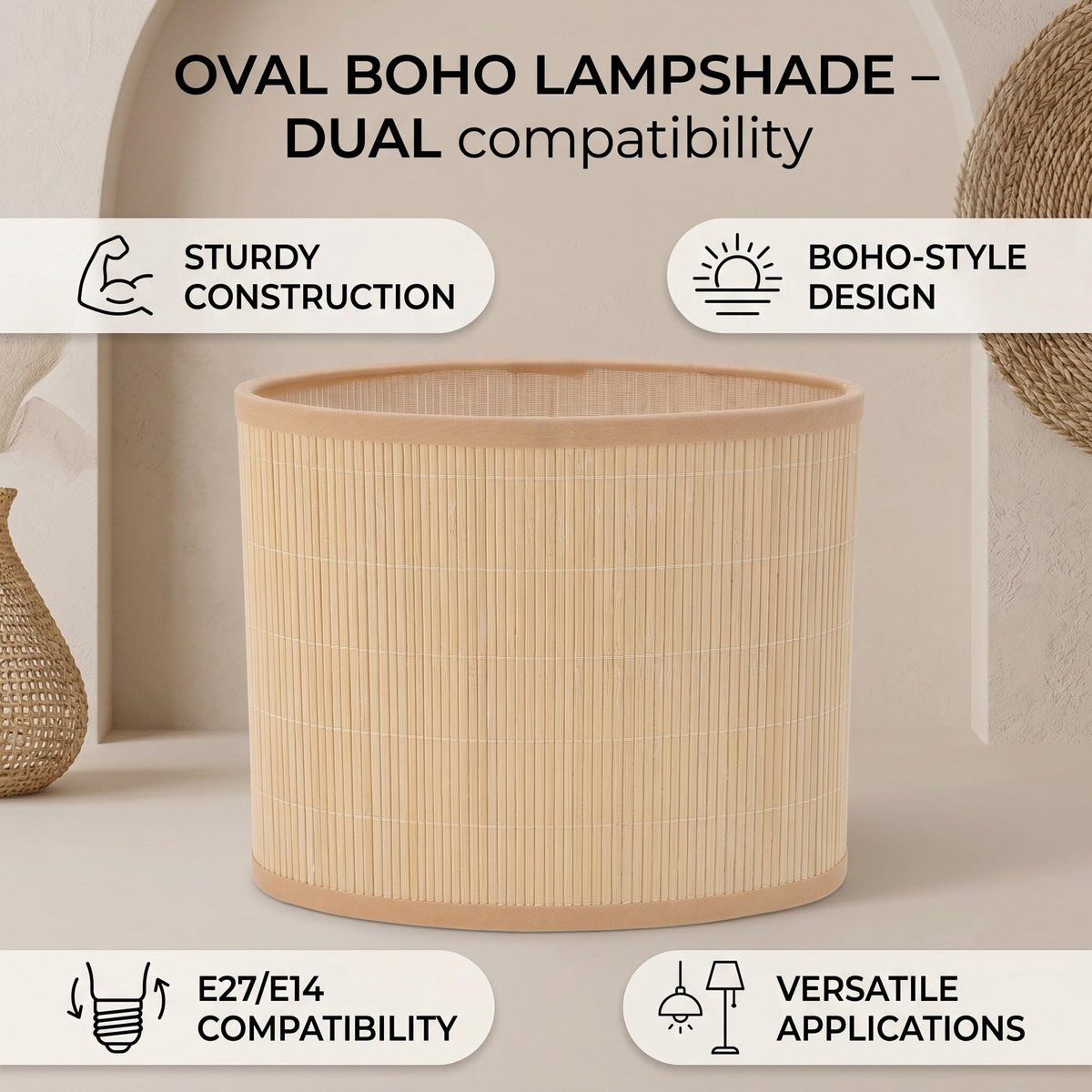 SnelShoppen - Kleine Lampenkappen voor Tafellampen, Stevig Hout en IJzer, Ovaal Boho Schaduw E27 E14, Perfect voor Hang- en Vloerverlichting in Huis,