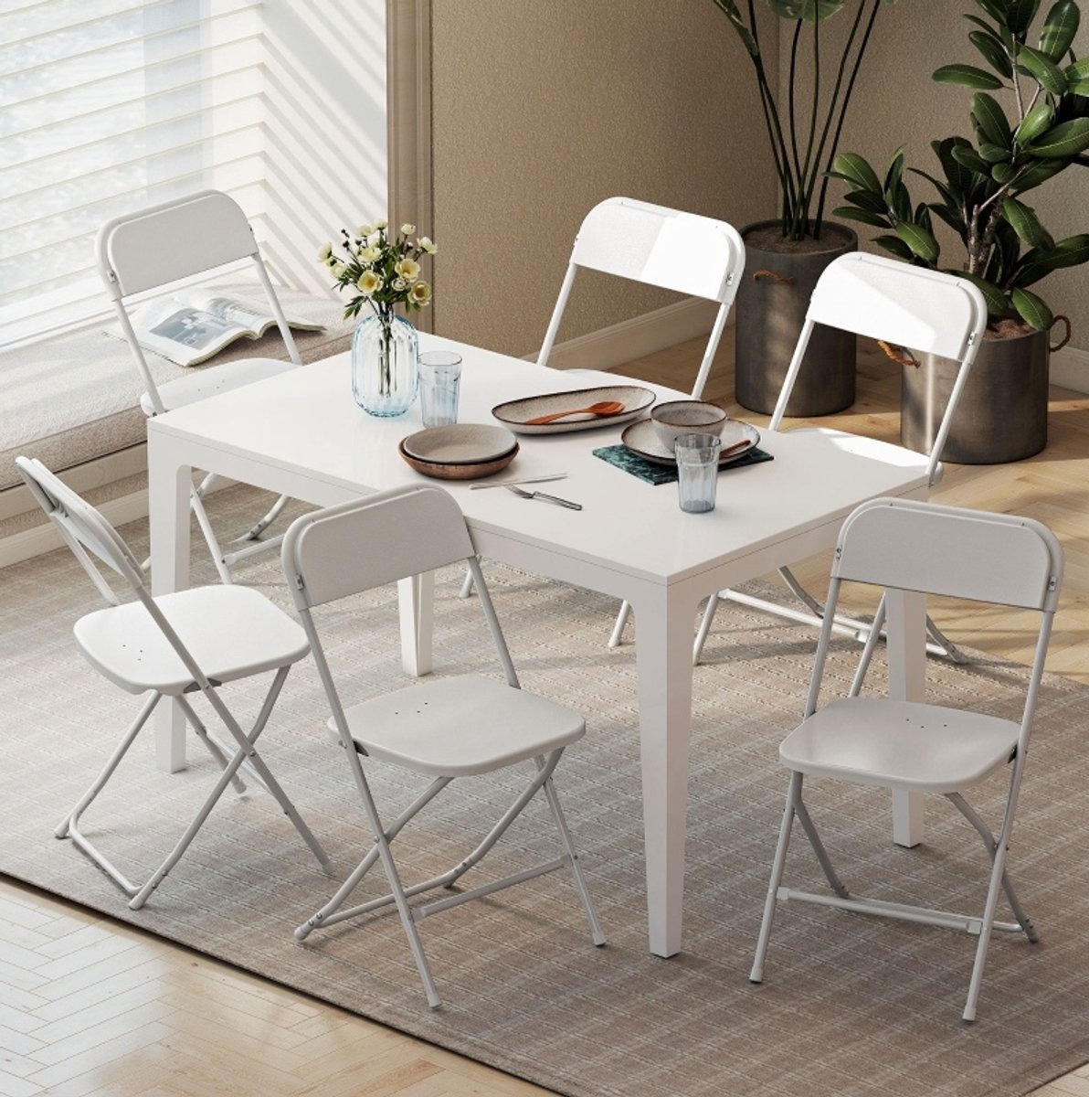 OKWISH Inklapstoel Set Van 6 – Plaatsbesparende Klapstoelen Met Afvoergaten En Stalen Frame – Voor Eetkamer En Wachtkamer – Kunststof – Wit