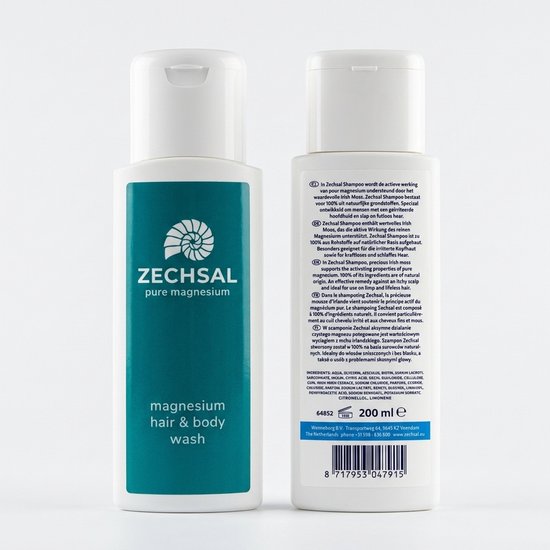 Zechsal magnesium hair & body wash fles in het Nederlands en twee flessen in het Engels, waarvan één met meertalige beschrijving.