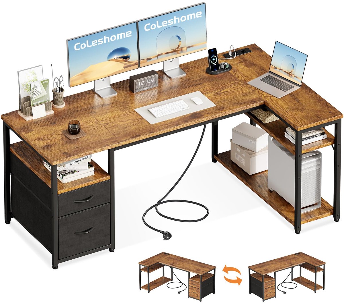 SnelShoppen - L-vormig Hoekbureau met Laden, Omkeerbare Plank, Stopcontacten en USB-poorten - Bruin 160x80cm voor Thuiswerken, Kantoor en Gamen