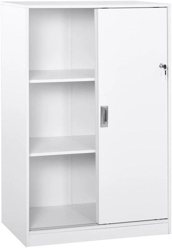 Witte metalen archiefkast met schuifdeur en 3 open planken.