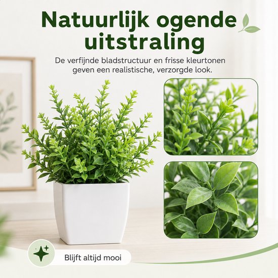 Een kunstplant met fijne, groene blaadjes in een witte vierkante pot. De bloem lijkt realistisch en natuurlijk, met ingezoomde details van de bladeren.