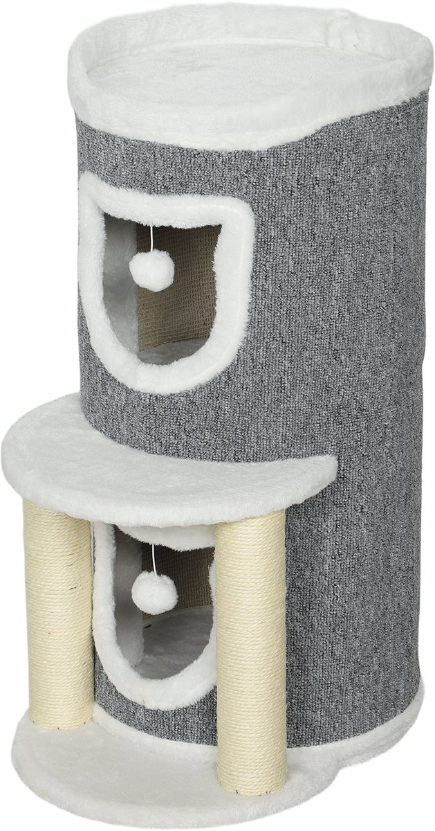 Krabpaal voor katten, hoogte 76 cm, met huisjes, bedje, ballen en sisal palen, grijs – foto 2