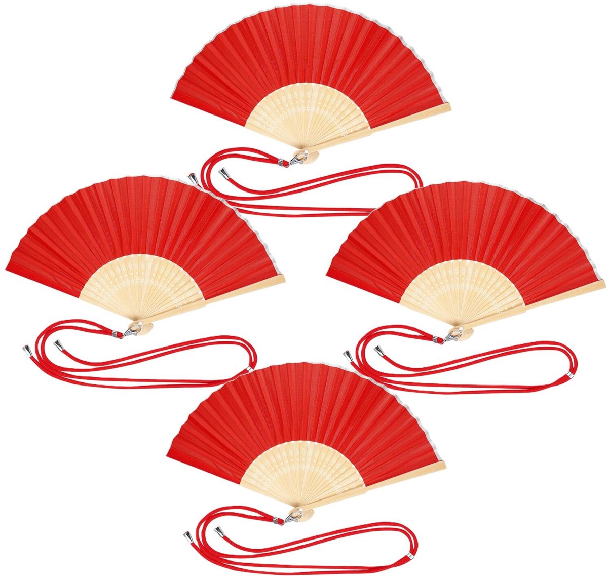 Bellatio Design Spaanse handwaaier - 4x - rood - bamboe/polyester - 38 x 21 cm - met nekkoord - festival waaier