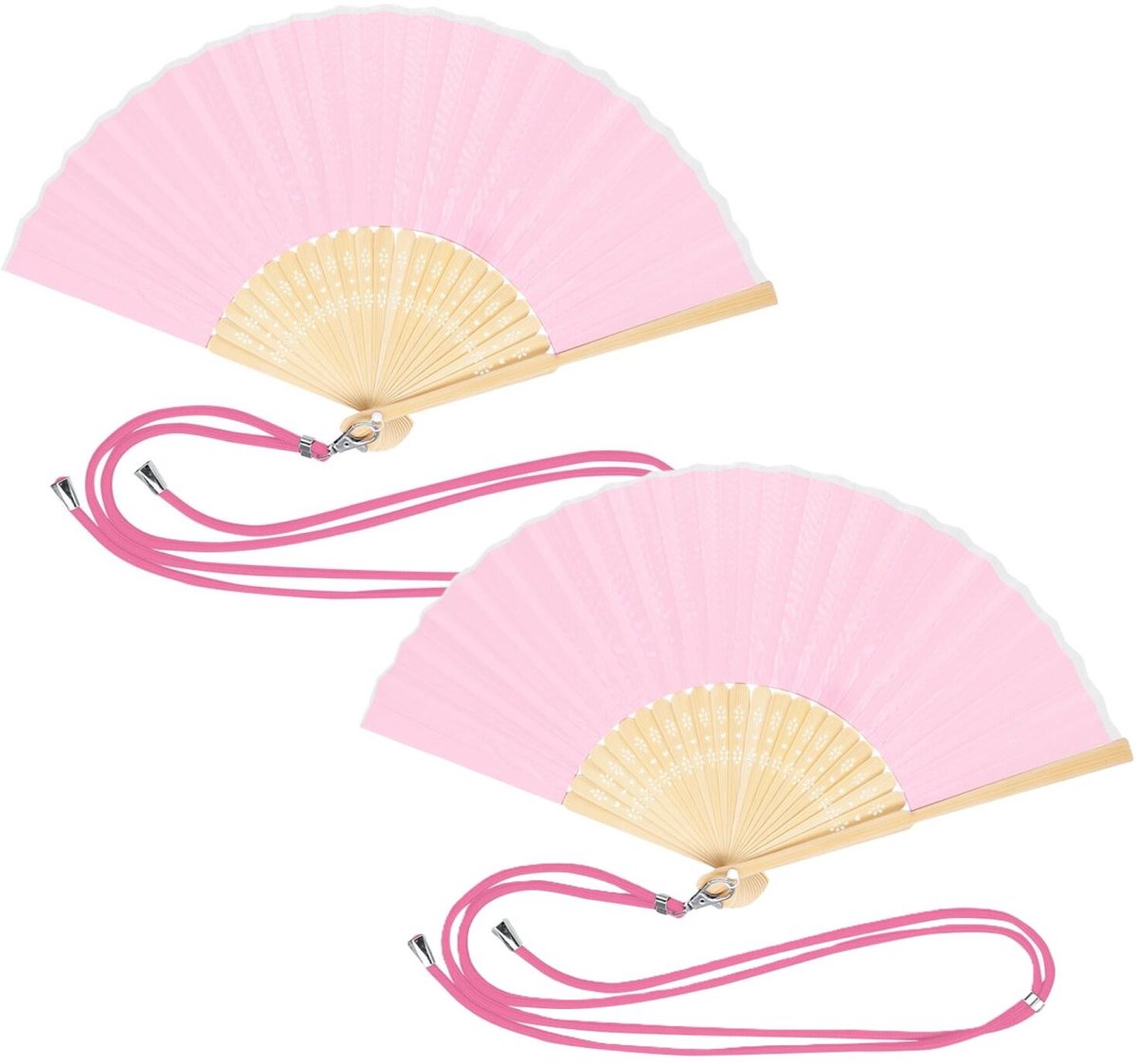 Bellatio Design Spaanse handwaaier - 2x - roze - bamboe/polyester - 38 x 21 cm - met nekkoord - festival waaier