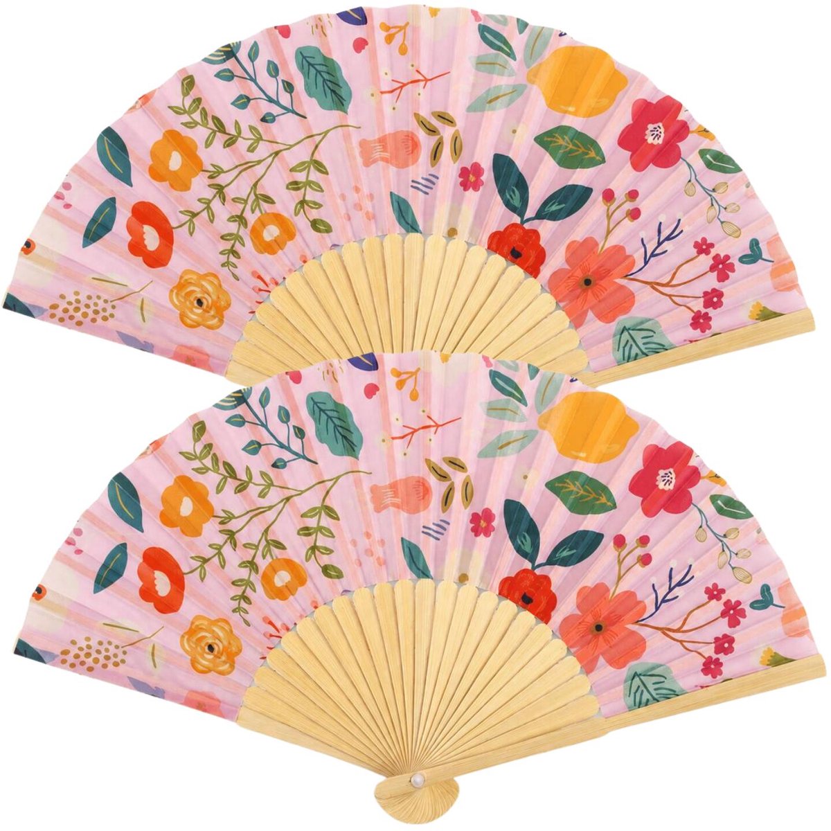 Spaanse hand waaier - 2x - bloemen - roze - 21 cm - bamboe/papier