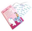 Verpakking met 7 Urinelle plasgootjes voor vrouwen in de kleur roze, met illustratie van een vrouw bij een toilet.