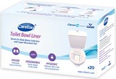Verpakking CareBag Toilet Bowl Liner met 20 stuks. Met afbeelding van een toilet met ingelegd toiletpapier.